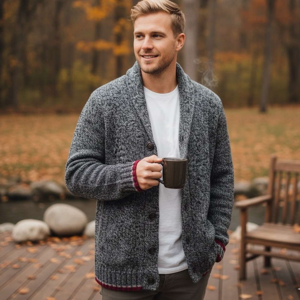Roots Heritage Cabin Shawl Cardigan Wool Button Unisex Gorpcore Knit Grey Red XL
